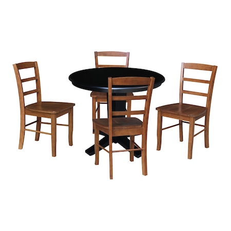International Concepts 36 in. Solid Wood Round Top Dining Table with 4 Chairs in Black/Distressed Oak K46-36RT-23B-C42-2-4